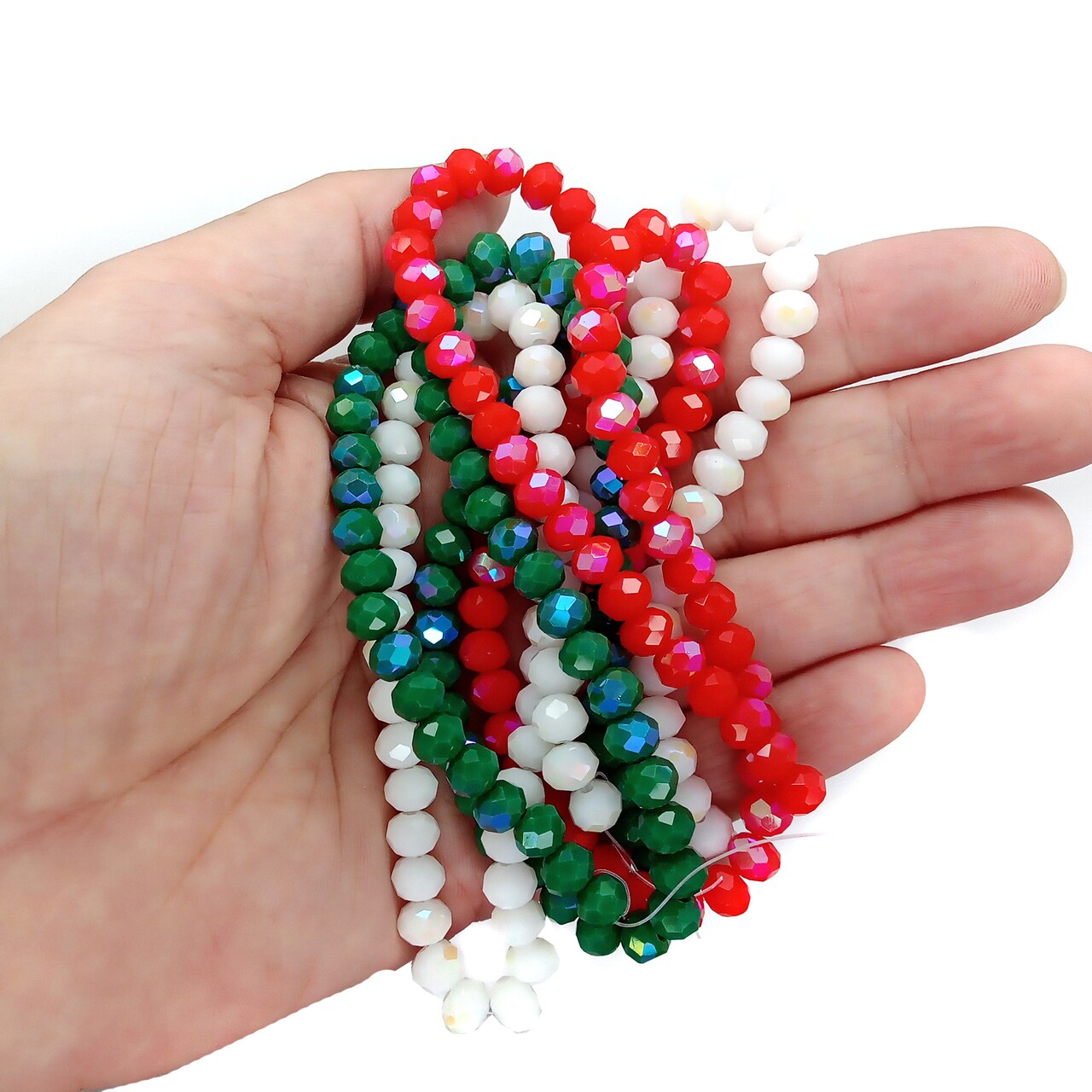 6mm Glass Beads in Christmas Colors, 3 12-in strands, Rondelles in Red Green & White, Adorabilities